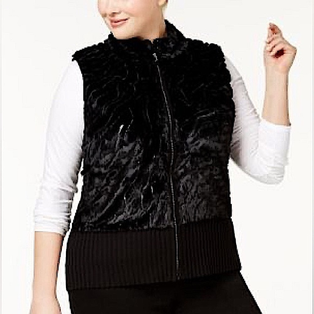 Belldini Sequin Embellished Faux Fur Rhinestone Zip Front Sweater Vest Black